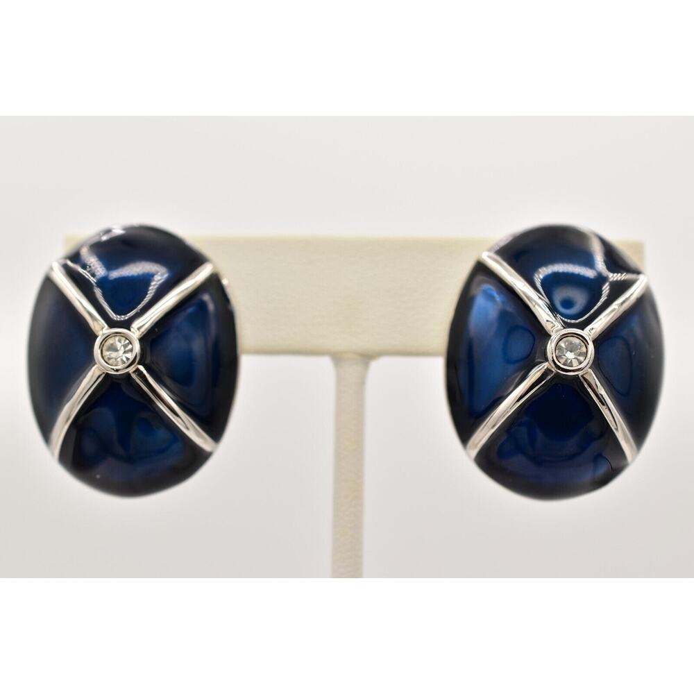 Ivana Trump Clip Earrings Navy Blue Enamel Chunky Vintage Signed 1990s BinBF